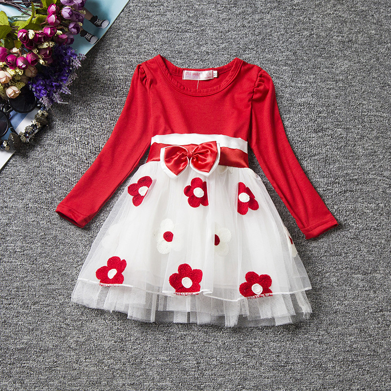 F68094-1 Children long sleeve dress cotton flower princess tutu skirt